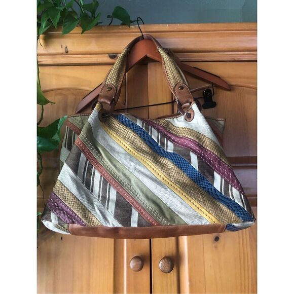 Fossil Patchwork Striped Canvas Triple Compartment Satchel - Picture 2 of 15